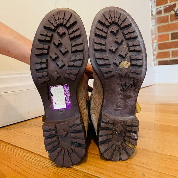 Ralph Lauren Motorcycle Boots Mid Calf Tan Suede Pull On Lug Soles - Picture 14 of 16